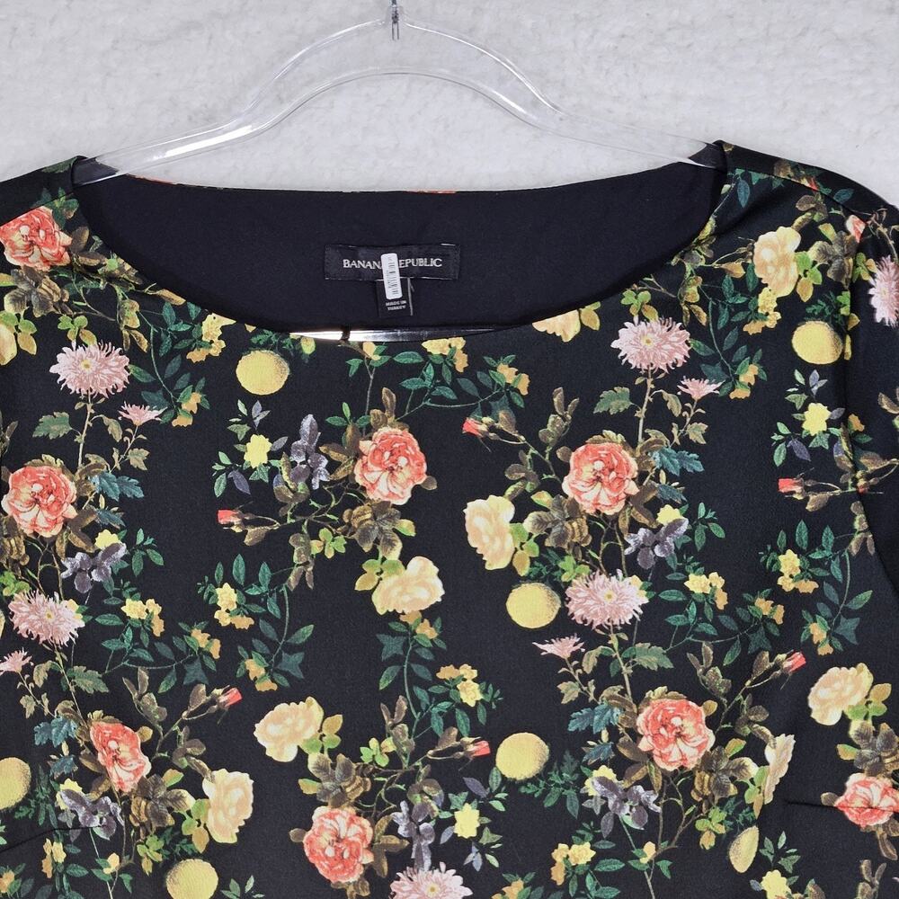 Banana Republic Black Floral Midi Shift Dress 3/4 Tie Sleeve Size 12 Cottagecore - Picture 4 of 16